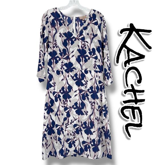 Kachel Anthropologie Silk Floral Midi Dress Navy Blue Gray Womens Size 6